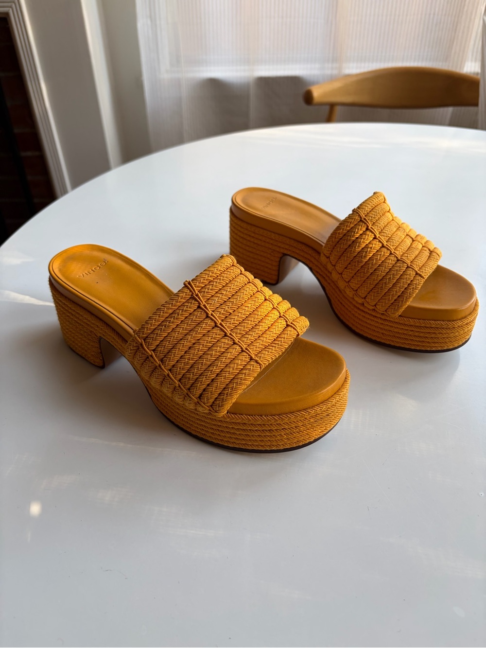 Vince Mustard Yellow Braided Platform Slide Sandals